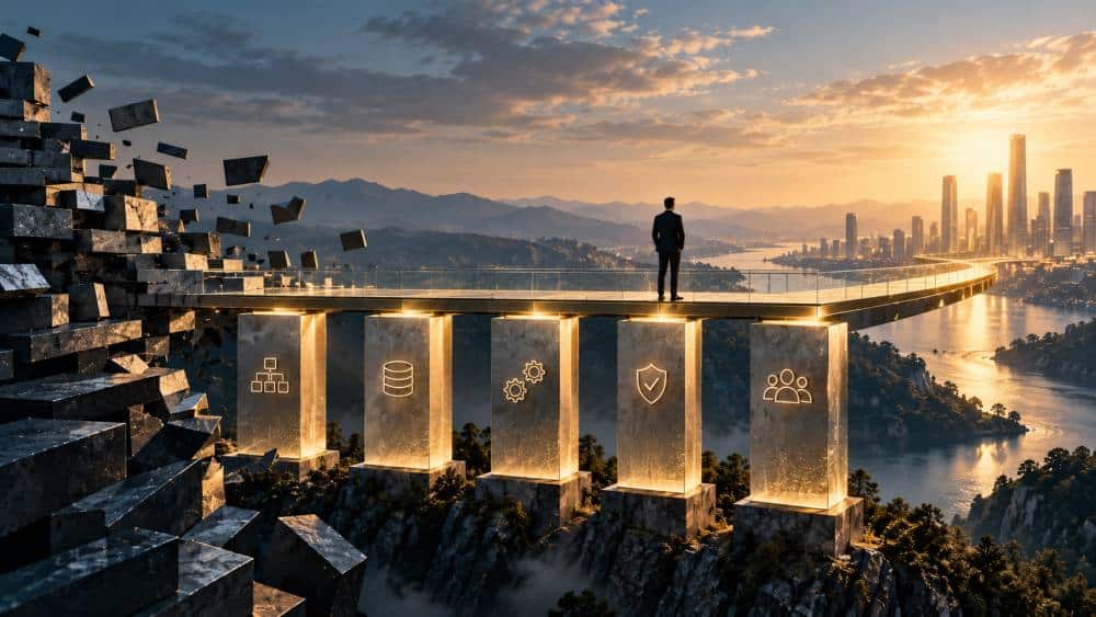AI-generated illustration of an executive standing on a bridge that rests on five illuminated pillars and connects fragmented structures with a modern business environment. The image symbolizes organizational readiness, leadership, and value creation in finance AI.